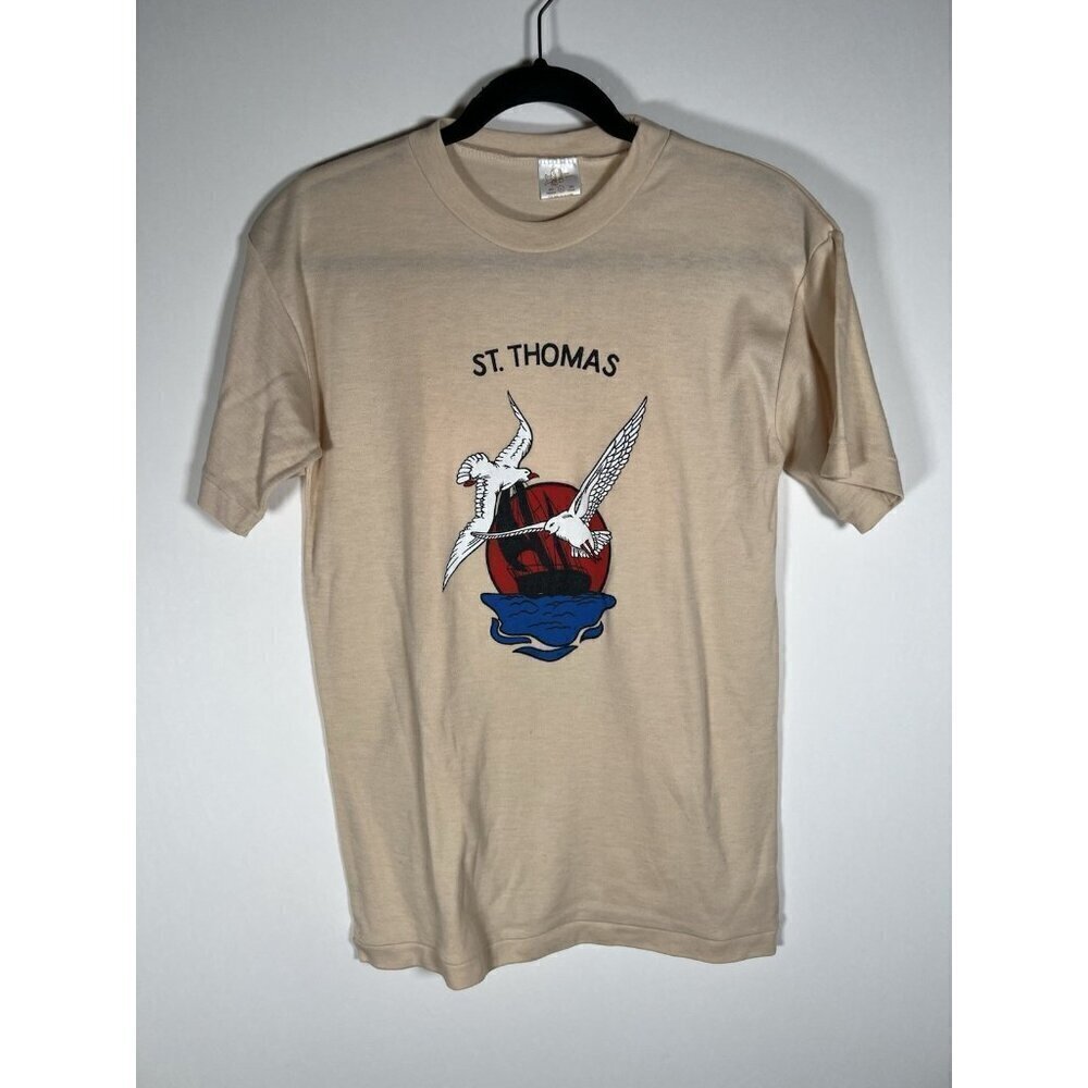 Vintage 70s Shell Seekers St. Thomas single stitch sailing beige tshirt L beach